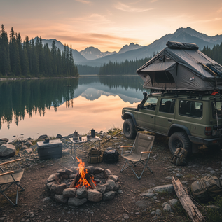 overlanding and camping with firepit by the edge of a lake